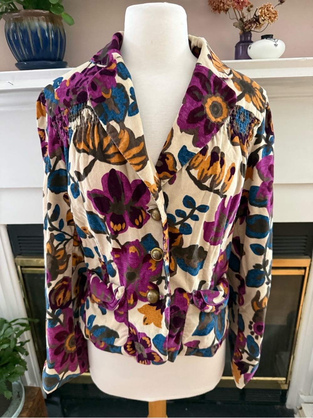 Vintage Retro Bold Floral Velvet Button-Front Jacket Blazer - Purple & Blue
